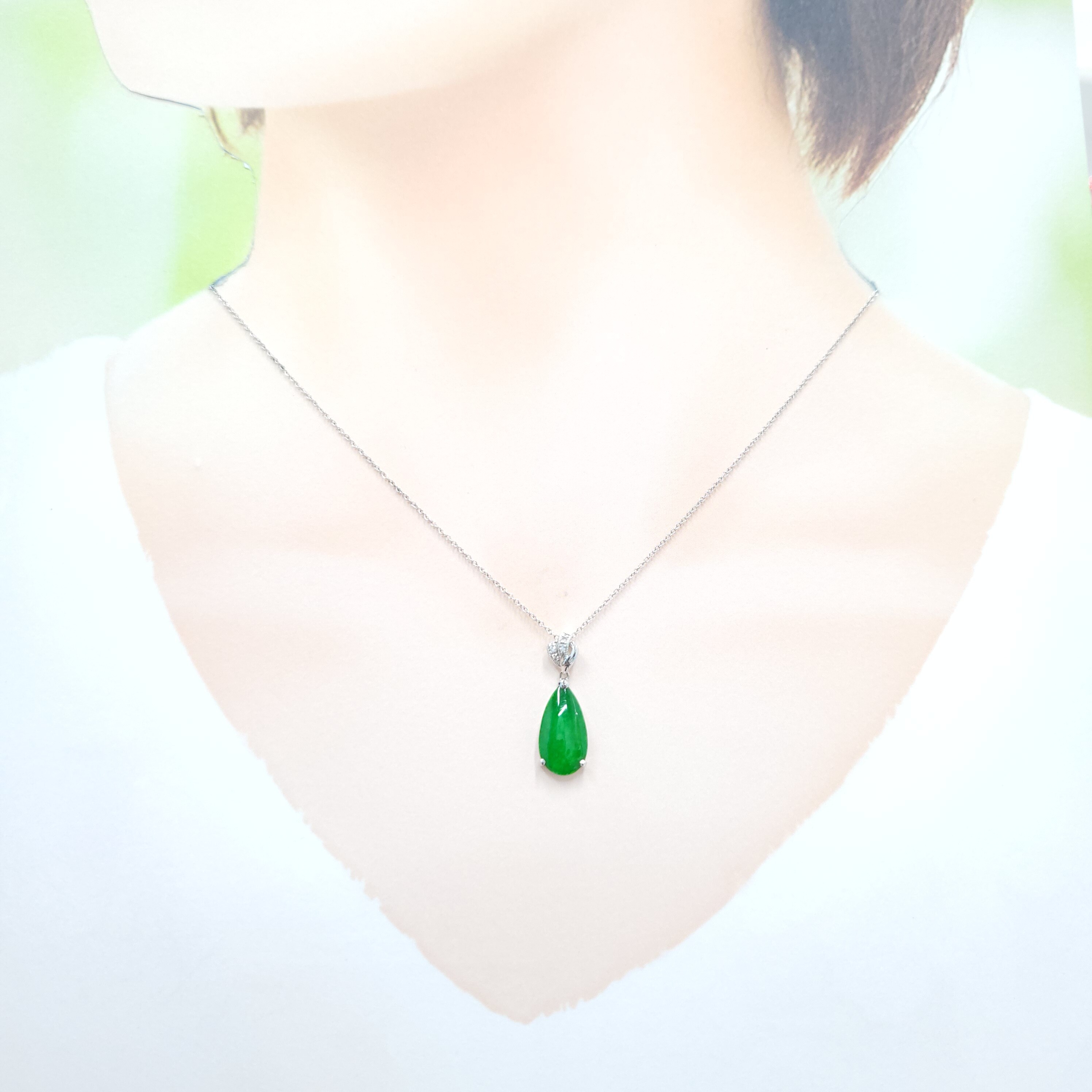 18K White Gold Diamond and Jade Pendant