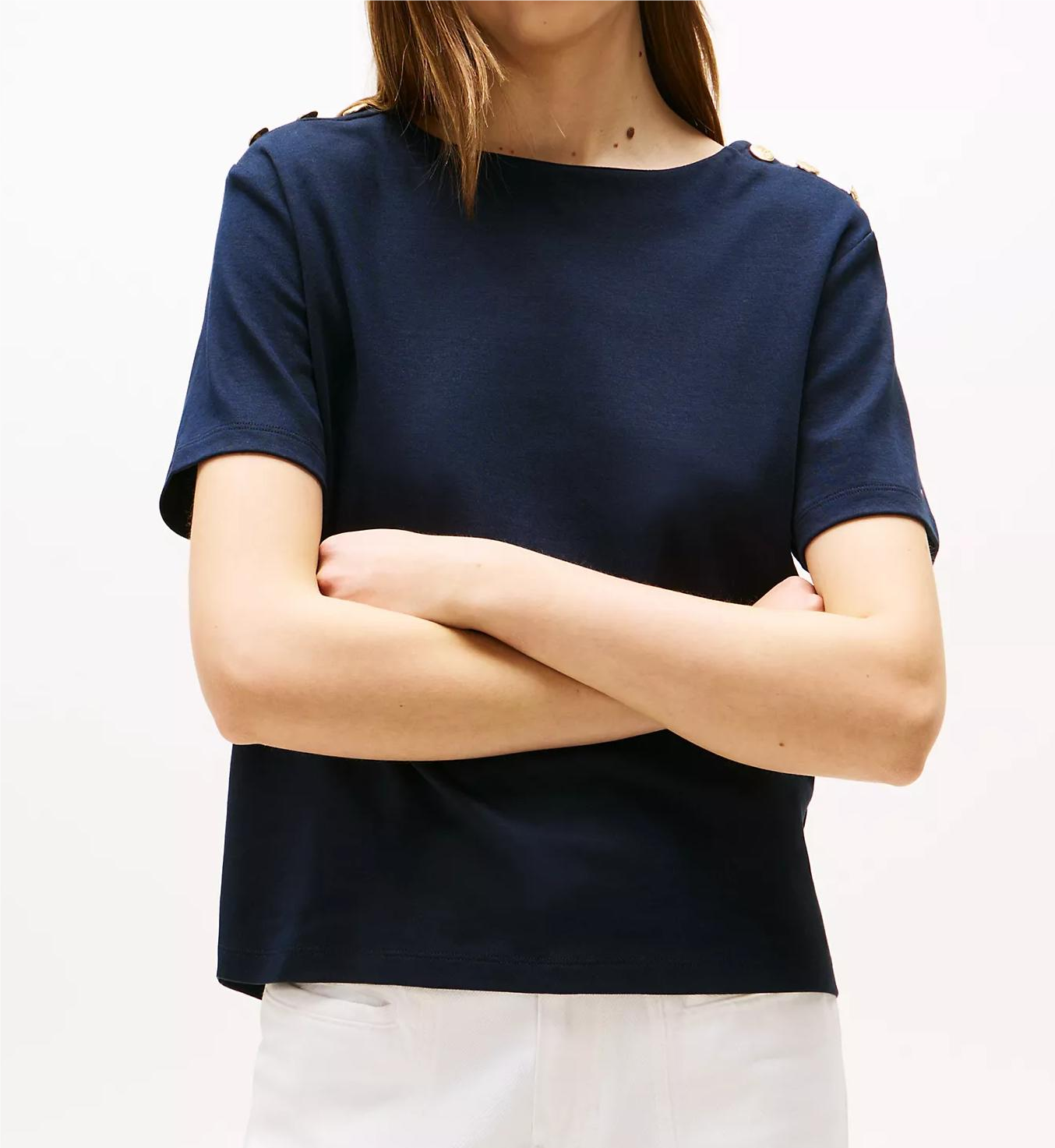 [S] TOMMY HILFIGER NAVY GOLD BUTTON SHOULDER T-SHIRT, XW05471-400 (STH1381)