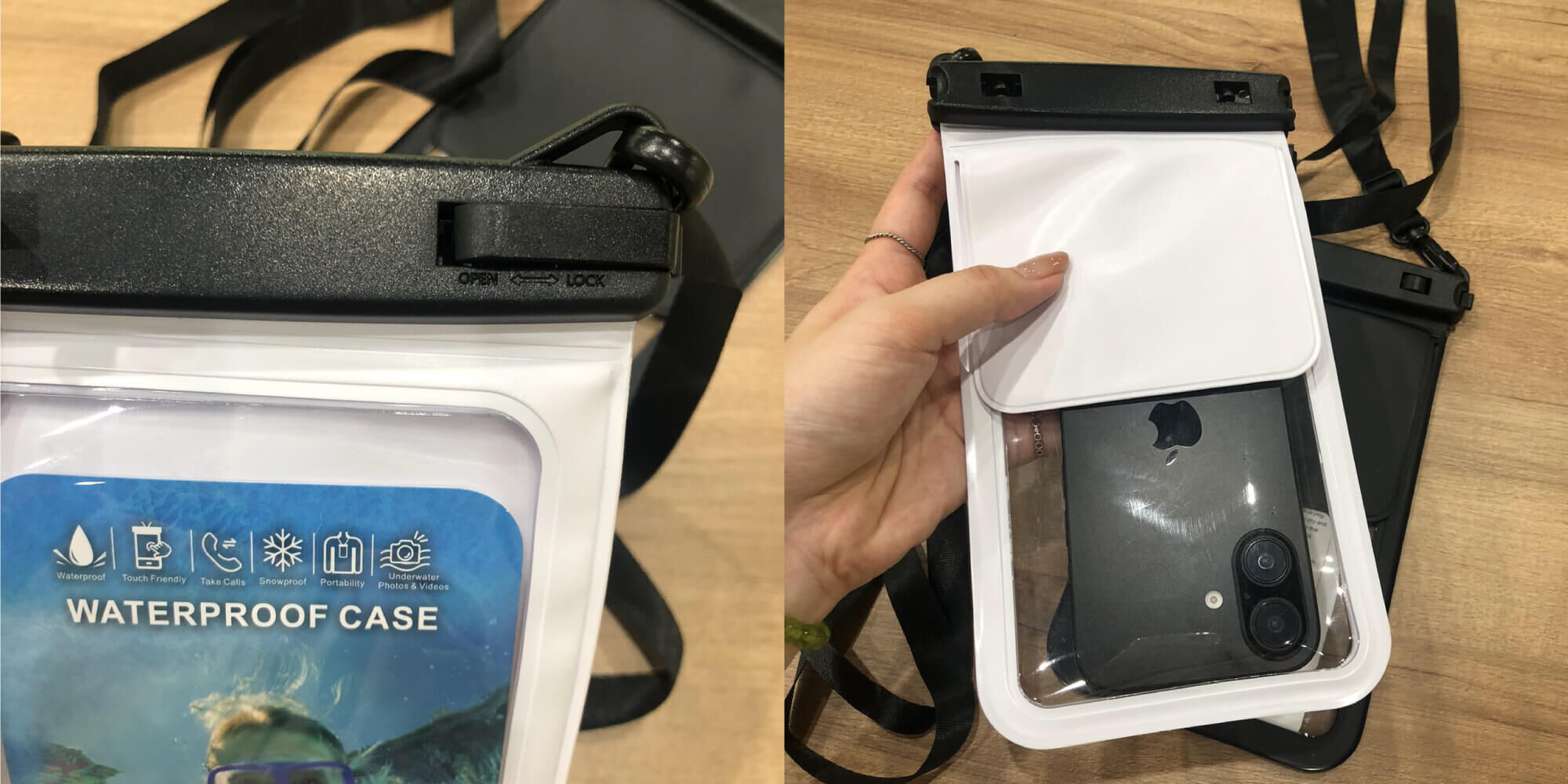 雙層戶外防水袋卡扣開合與實際放入手機操作展示｜殼老爹 Cloud Shop