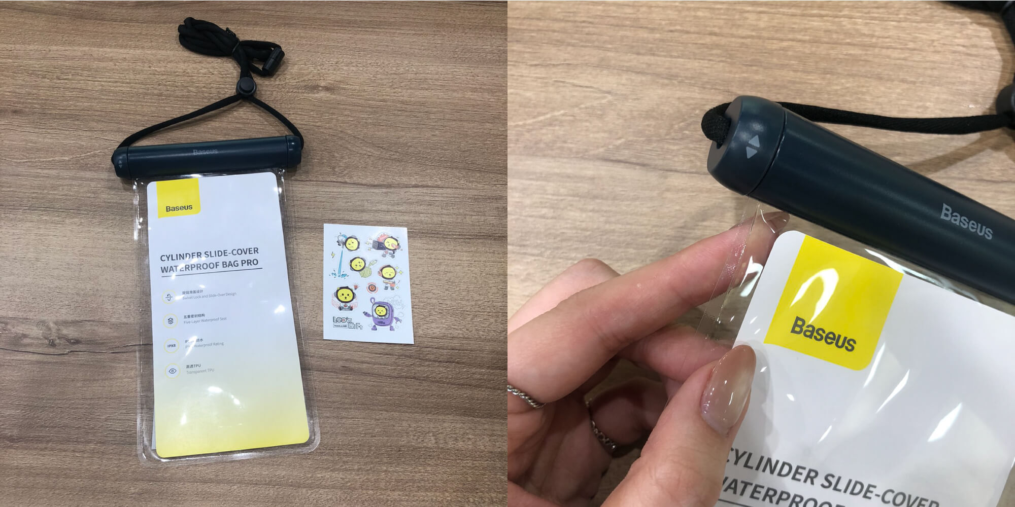倍思圓筒滑蓋手機防水袋含可愛貼紙與五層密封滑蓋設計實拍圖｜殼老爹 Cloud Shop