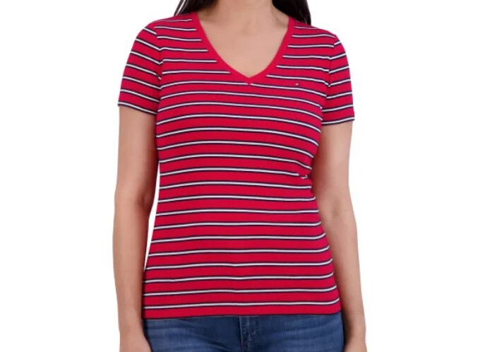 [S] TOMMY HILFIGER RED WOMEN'S V-NECK TEE, 1868380-RED (STH1372)