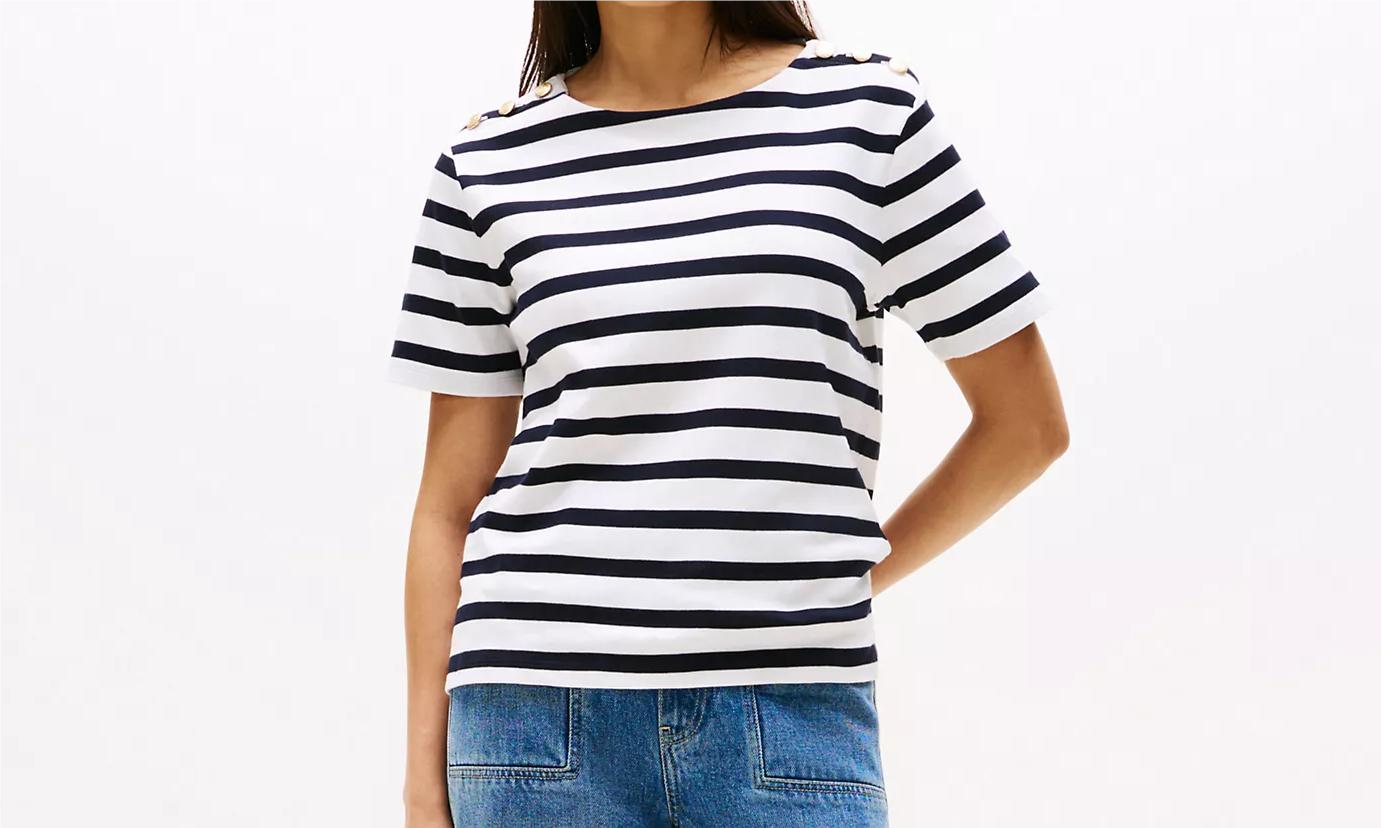 [S] TOMMY HILFIGER NAVY GOLD BUTTON SHOULDER T-SHIRT, XW05337-400 (STH1379)