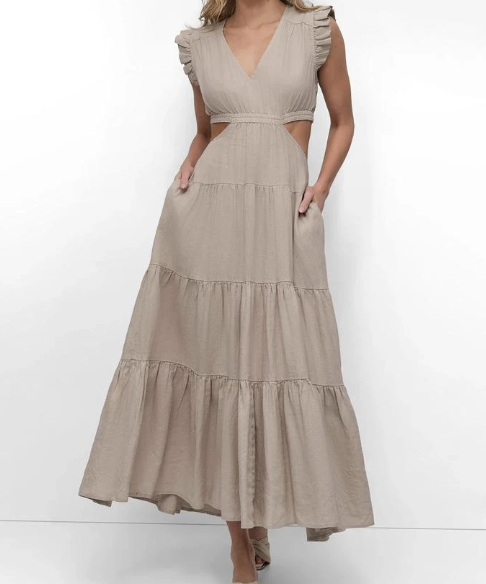 [S] DKNY PEBBLE LINEN TIERED V-NECK CUTOUT DRESS WITH RUFFLE SLEEVES, DJ4D9009-PBL [FINAL SALE] (SD1271)