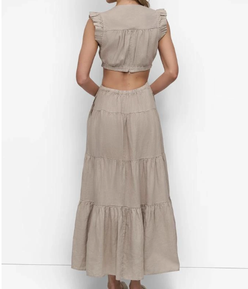 [S] DKNY PEBBLE LINEN TIERED V-NECK CUTOUT DRESS WITH RUFFLE SLEEVES, DJ4D9009-PBL [FINAL SALE] (SD1271)