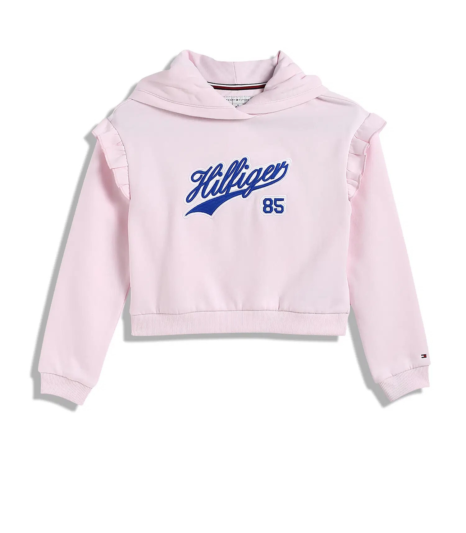 [S] TOMMY HILFIGER PINK KIDS HILFIGER SCRIPT LOGO RUFFLE HOODIE, 71J4569-650 (STH1059)