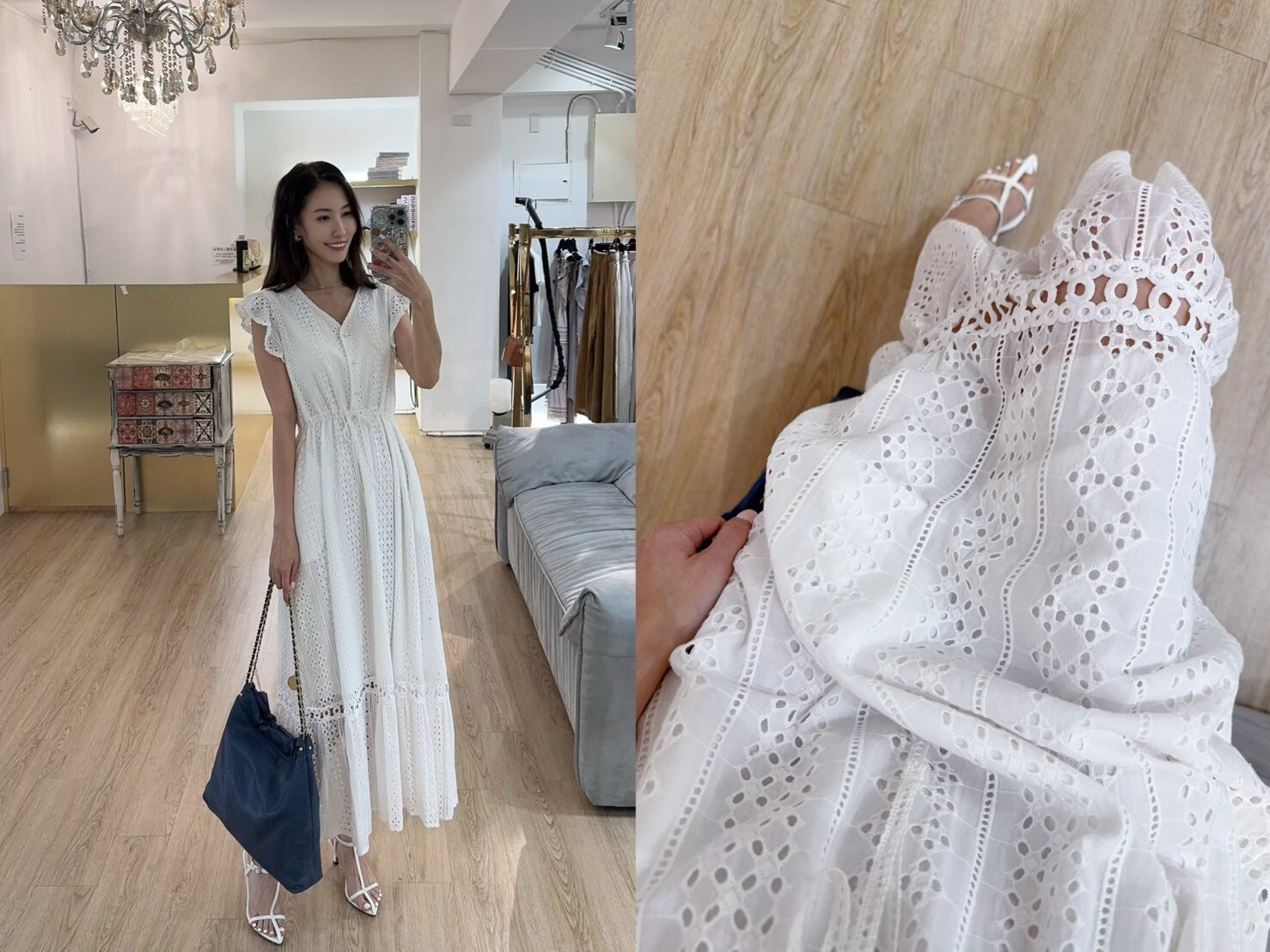 Baby系列 B08141 現貨-珍珠扣荷葉袖V領綁帶縮腰長洋裝