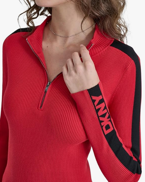 [S] DKNY RED LT/BLACK WOMEN HALF ZIP LOGO TAPE SWEATER, P4MSAQ72-I3A FINAL SALE (SD1299)