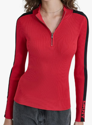 [S] DKNY RED LT/BLACK WOMEN HALF ZIP LOGO TAPE SWEATER, P4MSAQ72-I3A FINAL SALE (SD1299)