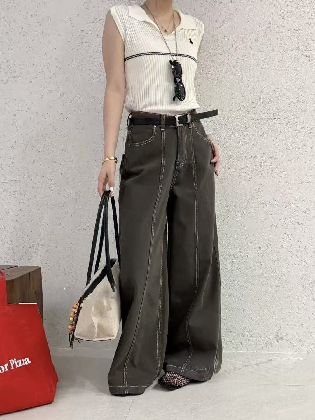 907 壓線設計立體剪裁直筒褲