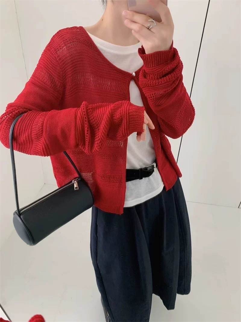 540 單釦鏤空針織開襟外套