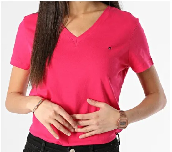 [S] TOMMY HILFIGER RED SMALL LOGO LADIES V-NECK T-SHIRT, 76J4887-640 (STH1100)