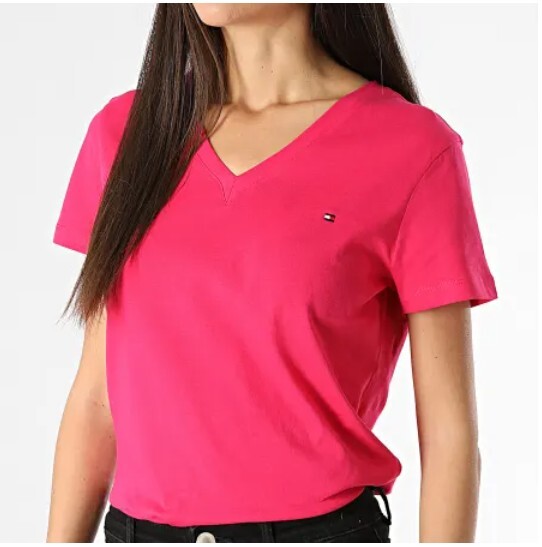 [S] TOMMY HILFIGER RED SMALL LOGO LADIES V-NECK T-SHIRT, 76J4887-640 (STH1100)
