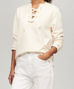 [S] TOMMY HILFIGER OFF WHITE LONG SLEEVE LACE UP SWEATSHIRT, 76J5466-101 (STH1053)