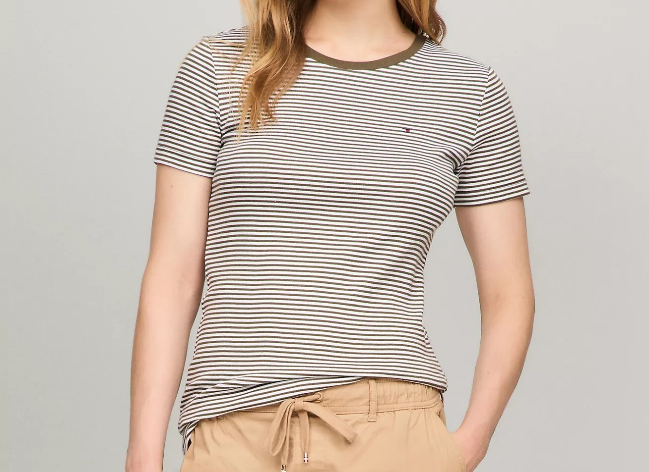 [S] TOMMY HILFIGER TOMMY HILFIGER STRIPE CREW NECK FAVORITE T-SHIRT,ARMY GREEN, 76J5262-701 (STH1109)