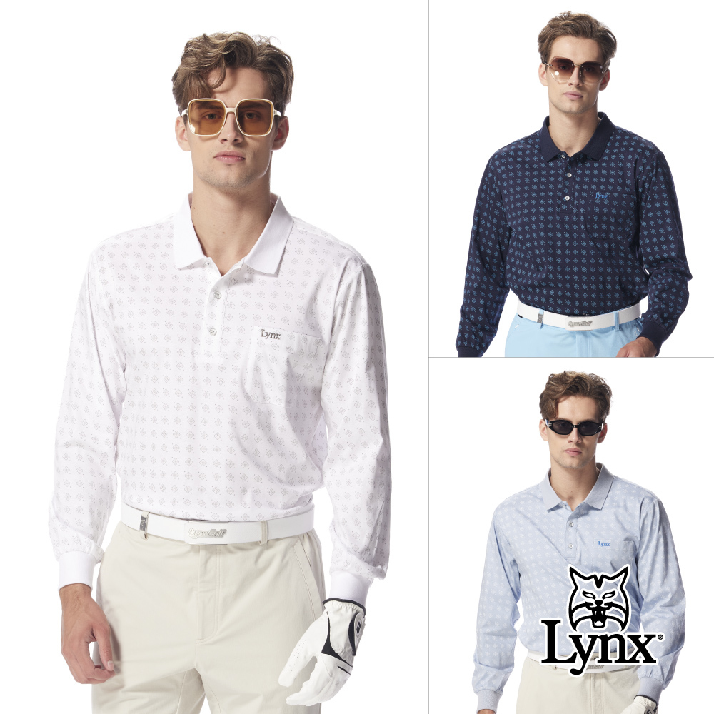 【Lynx Golf】男款雙面絲光滿版造型印花設計長袖POLO衫