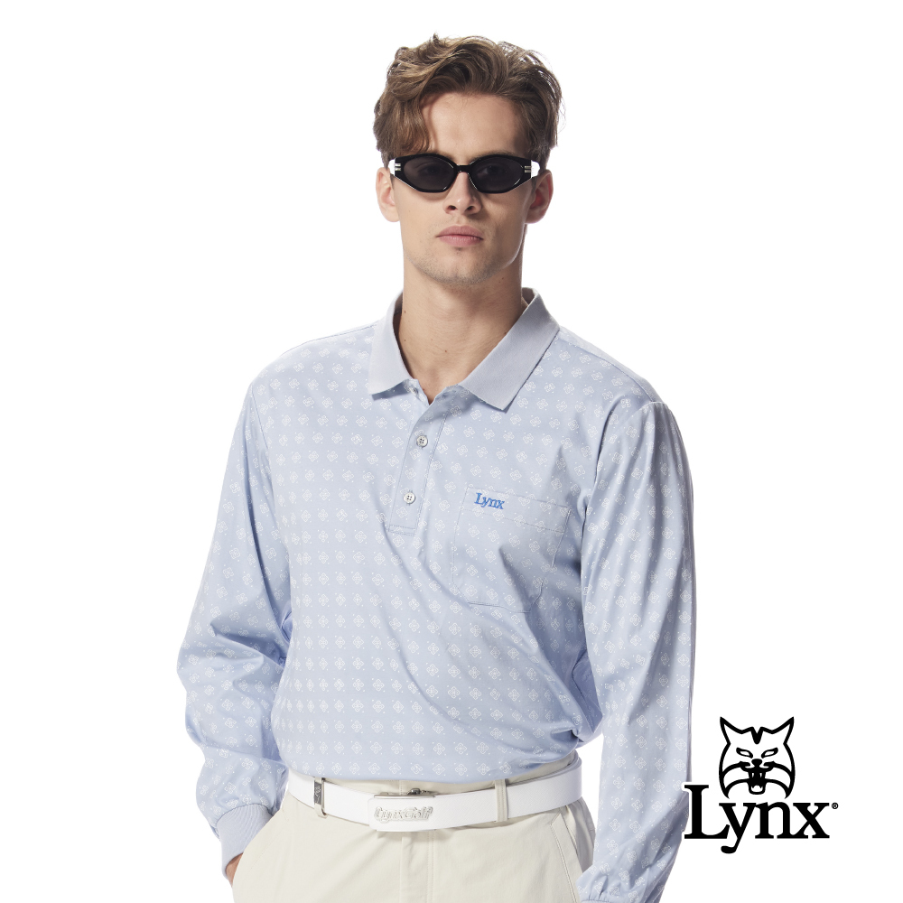 【Lynx Golf】男款雙面絲光滿版造型印花設計長袖POLO衫