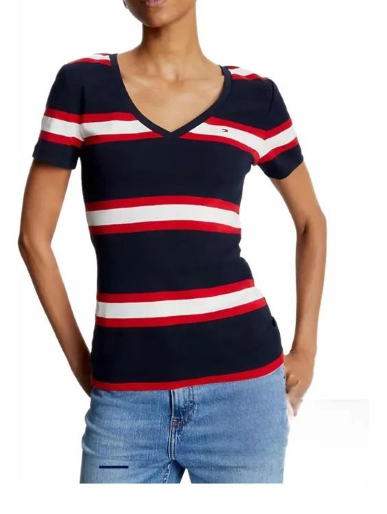 [S] TOMMY HILFIGER STRIPED V-NECK T-SHIRT,NAVY, 76J4358-410 (STH490)