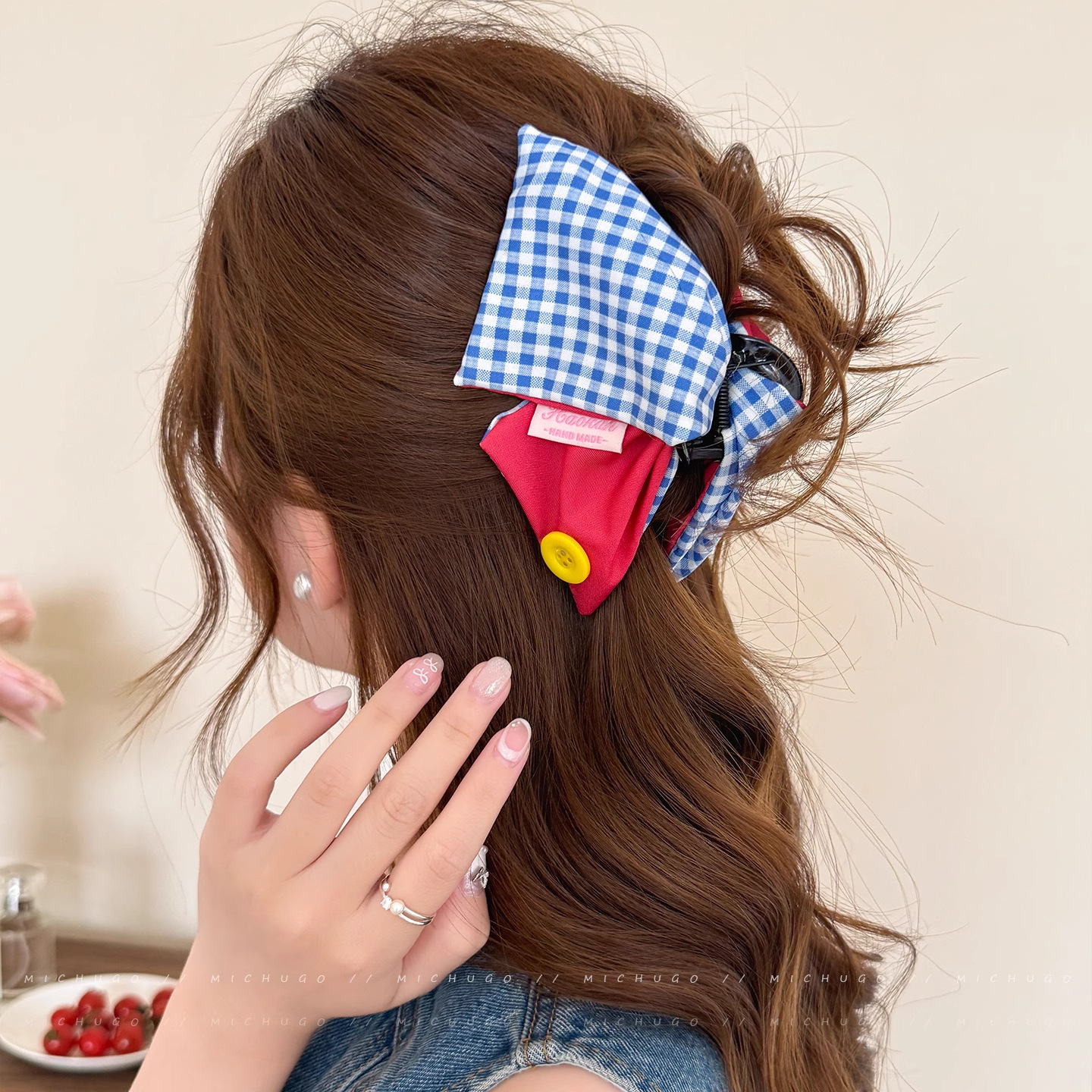 Korean Plaid Button Triangle Hair Claw