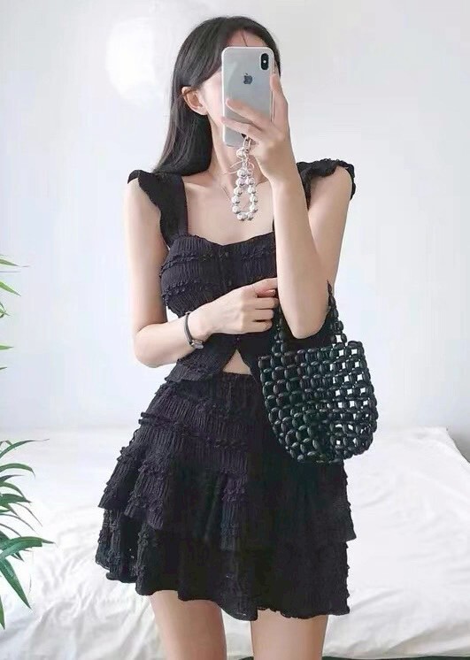 蕾絲排釦胸墊背心+蕾絲褲裙