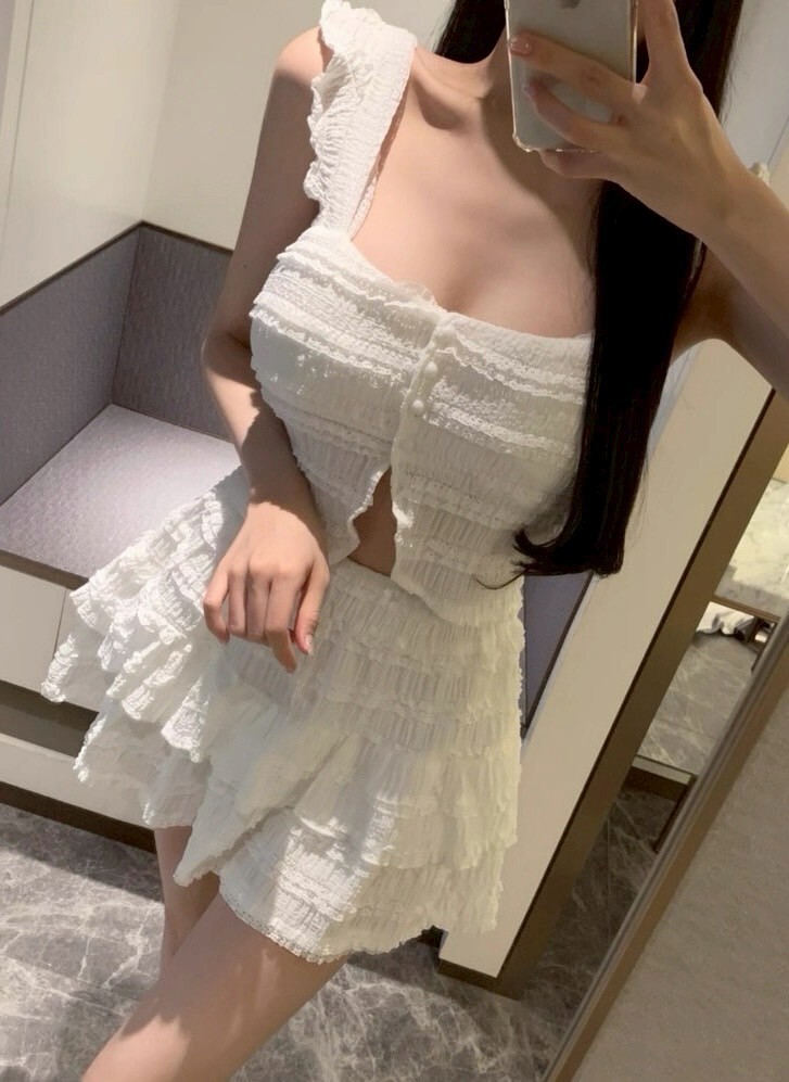 蕾絲排釦胸墊背心+蕾絲褲裙