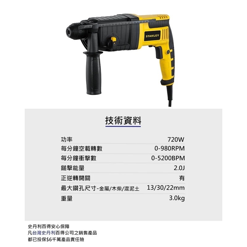 史丹利 四溝三用電鎚鑽 STEL503