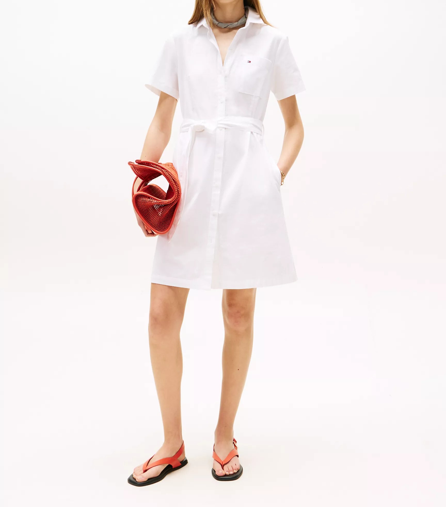 [S] TOMMY HILFIGER OPTIC WHITE SHORT SLEEVE BELTED OXFORD SHIRTDRESS, 76J5105-100 (STH1314)