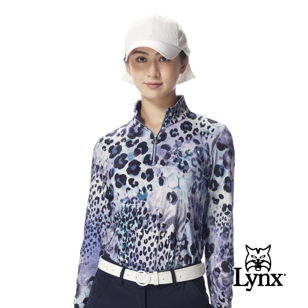 【Lynx Golf】女款合身版立領拉鍊款歐洲進口布料水墨畫蛇紋滿版印花圓領衫/高爾夫球衫