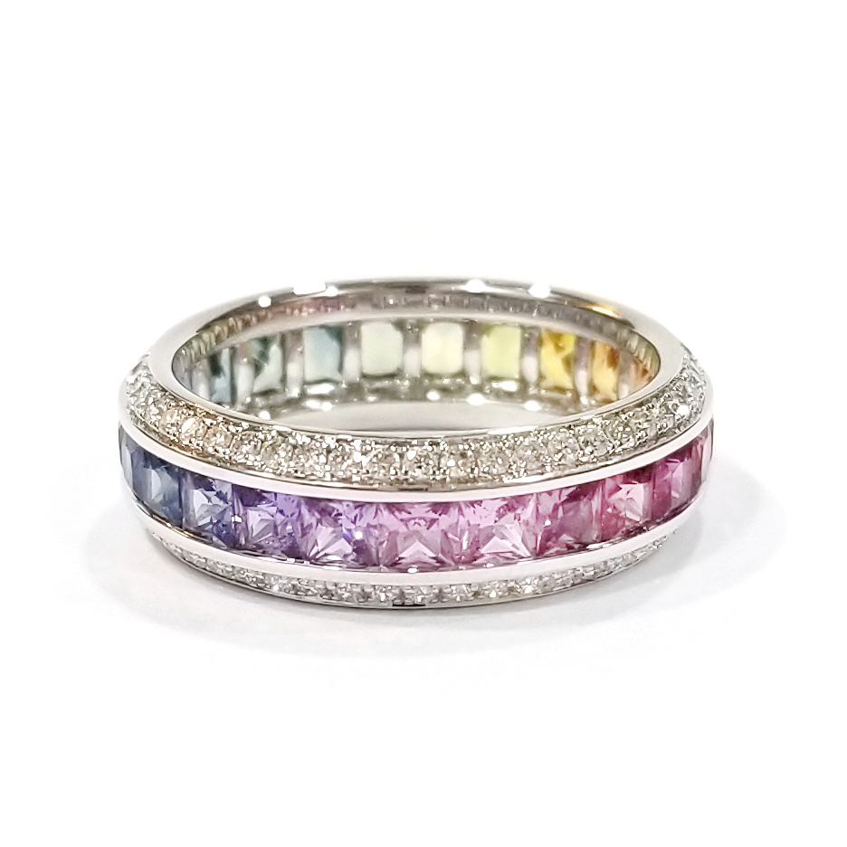 18K白金天然鑽石彩色藍寶石戒指