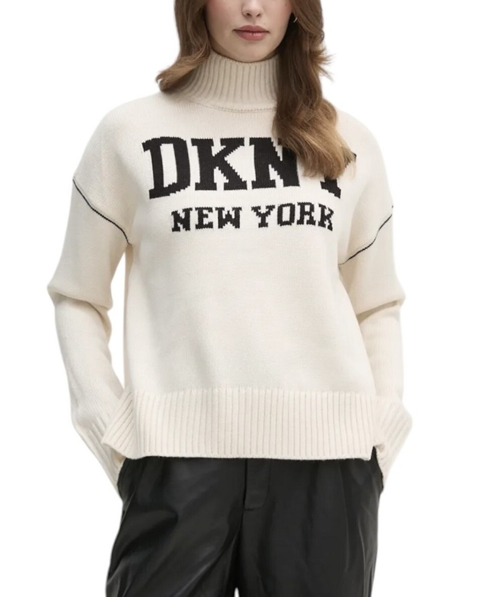 [S] DKNY EGGNOG/BLK LOGO FRONT TURTLE NECK LONG SLEEVE SWEATER, DJ4R0386-A9Z (SD1330)