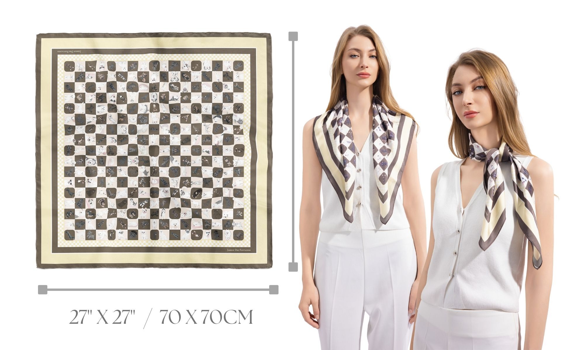 JARDIN DES FONTAINES pawfect doggie chess brown and yellow silky scarf (70cm)