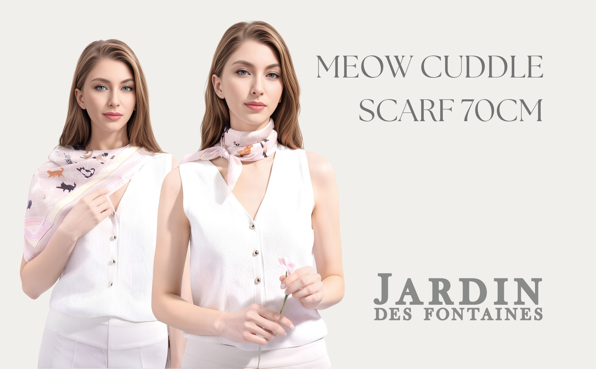 JARDIN DES FONTAINES meow cuddle plaid tea rose pink silky scarf (70cm)