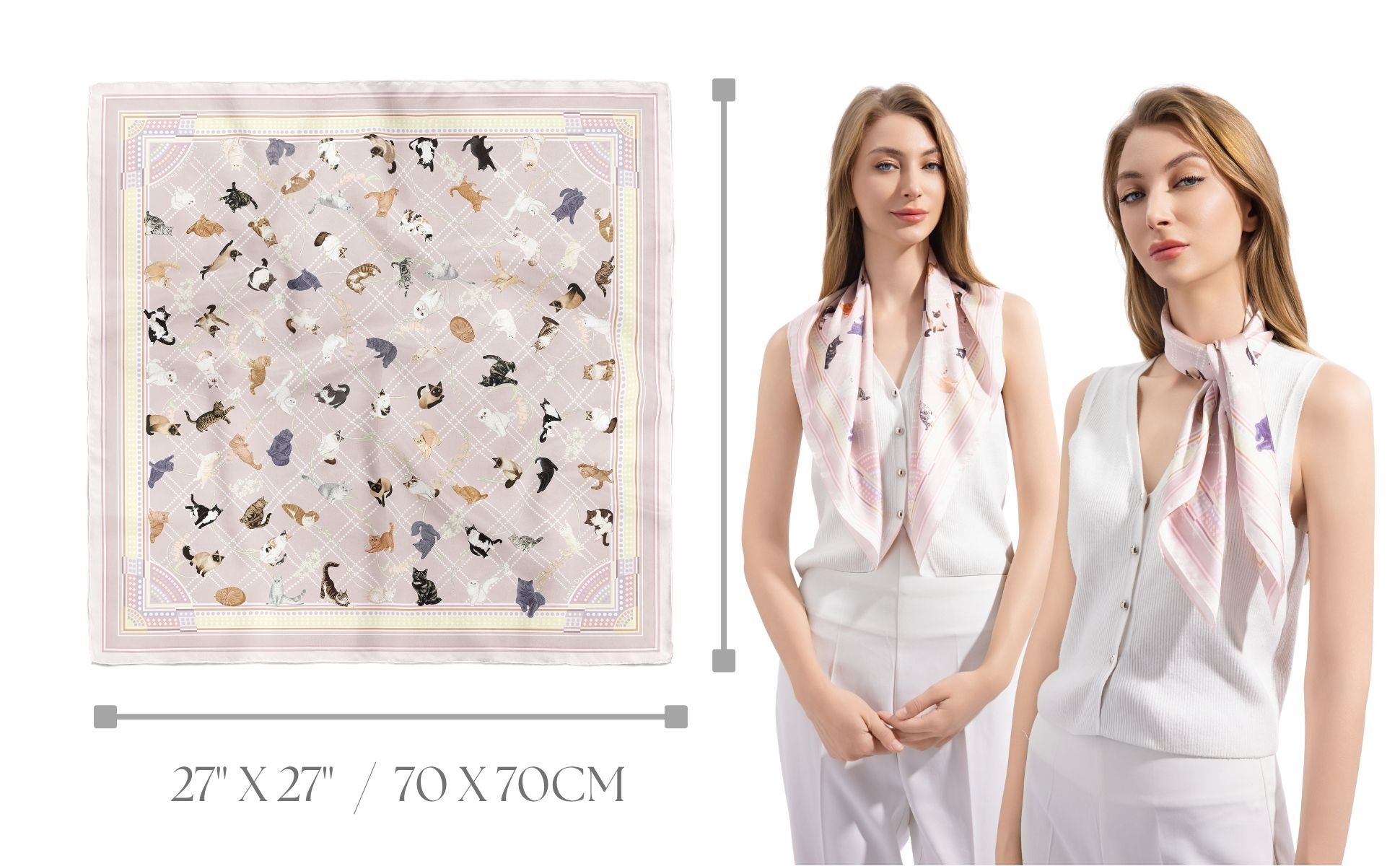 JARDIN DES FONTAINES meow cuddle plaid tea rose pink silky scarf (70cm)