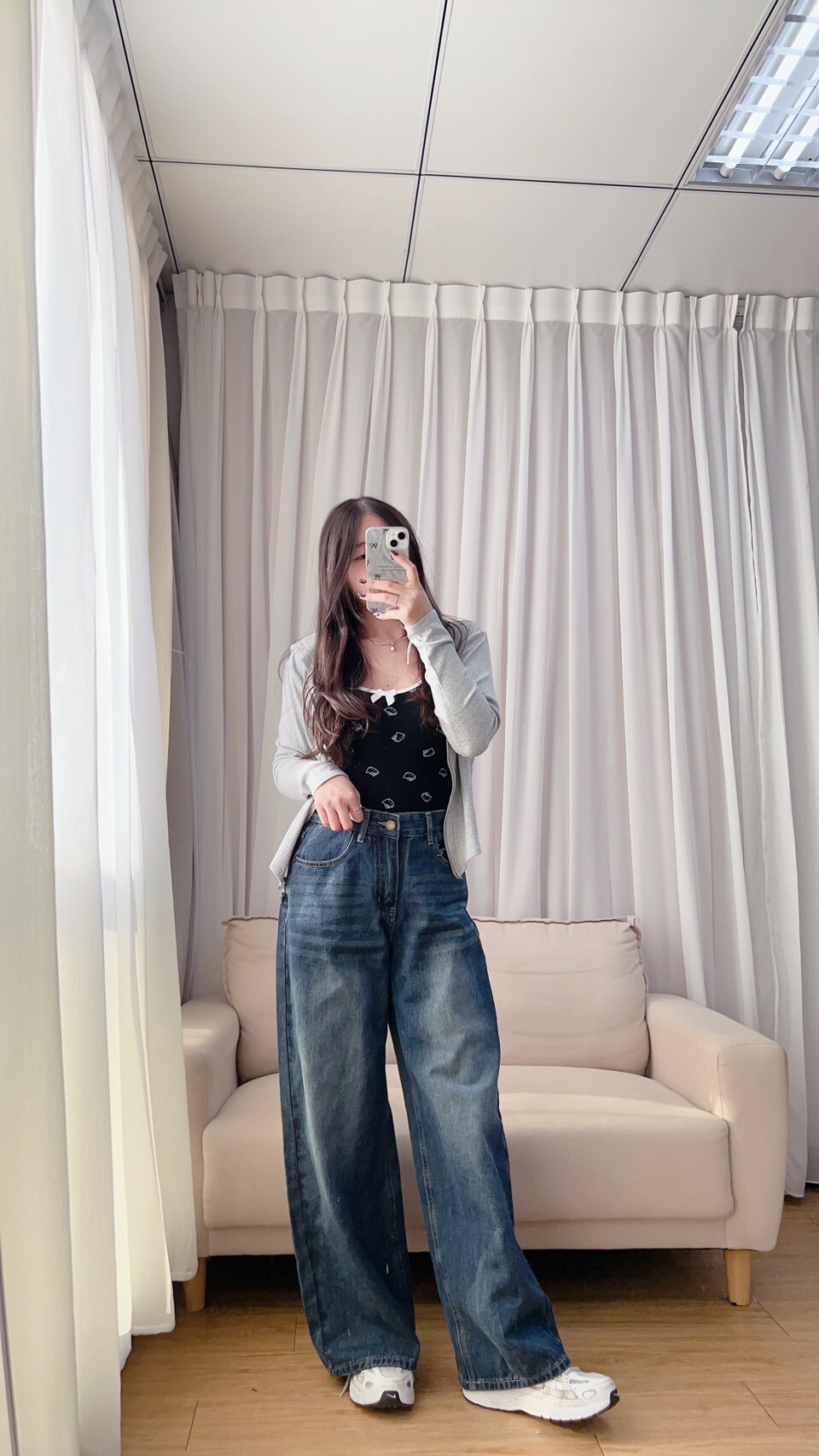 復古刷色牛仔直筒寬褲