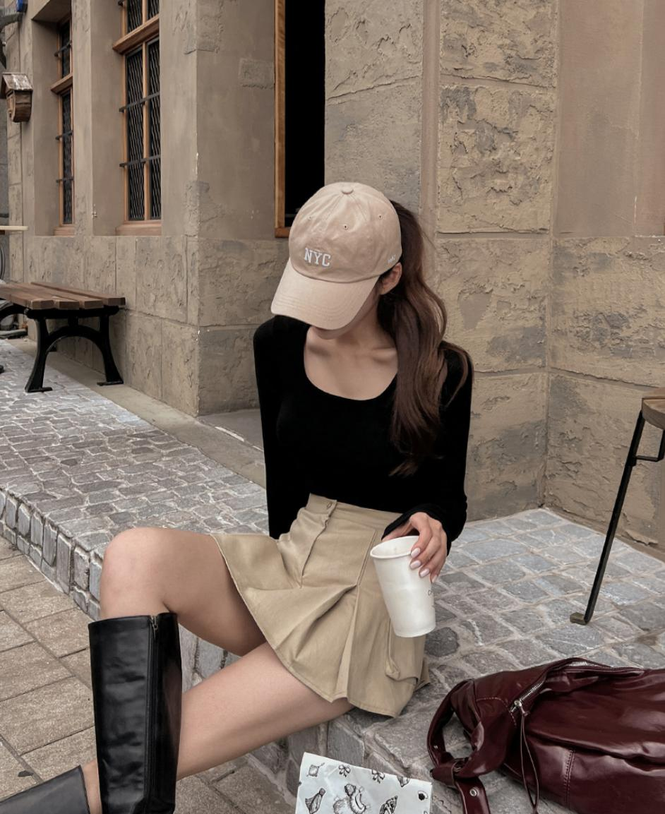 雙口袋百摺迷你短裙(杏色)