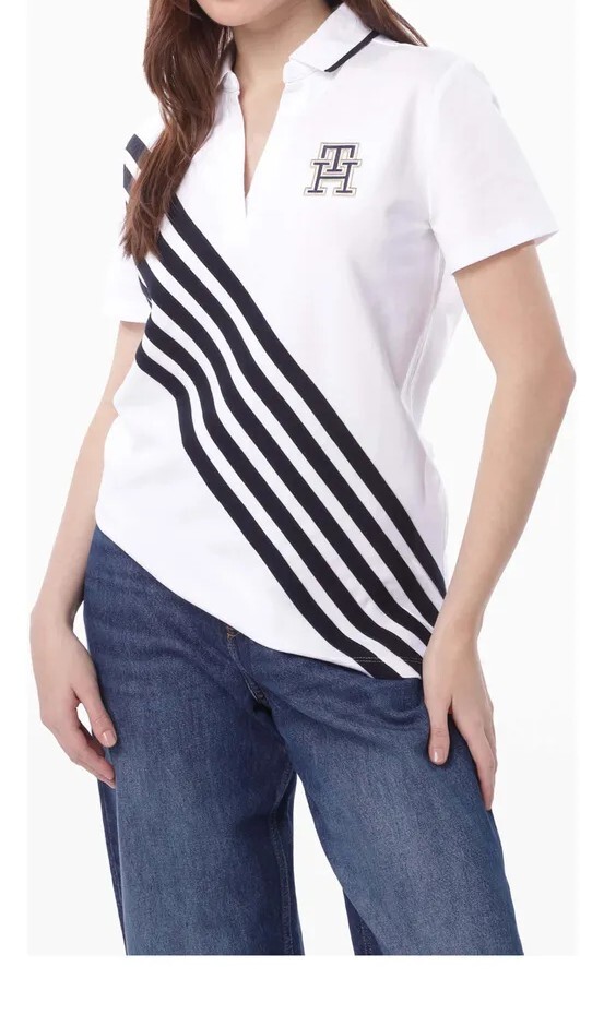 [S] TOMMY HILFIGER OPEN PLACKET BANNER STRETCH-COTTON POLO TEE LADIES,WHITE, 76J5406-101 (STH1005)