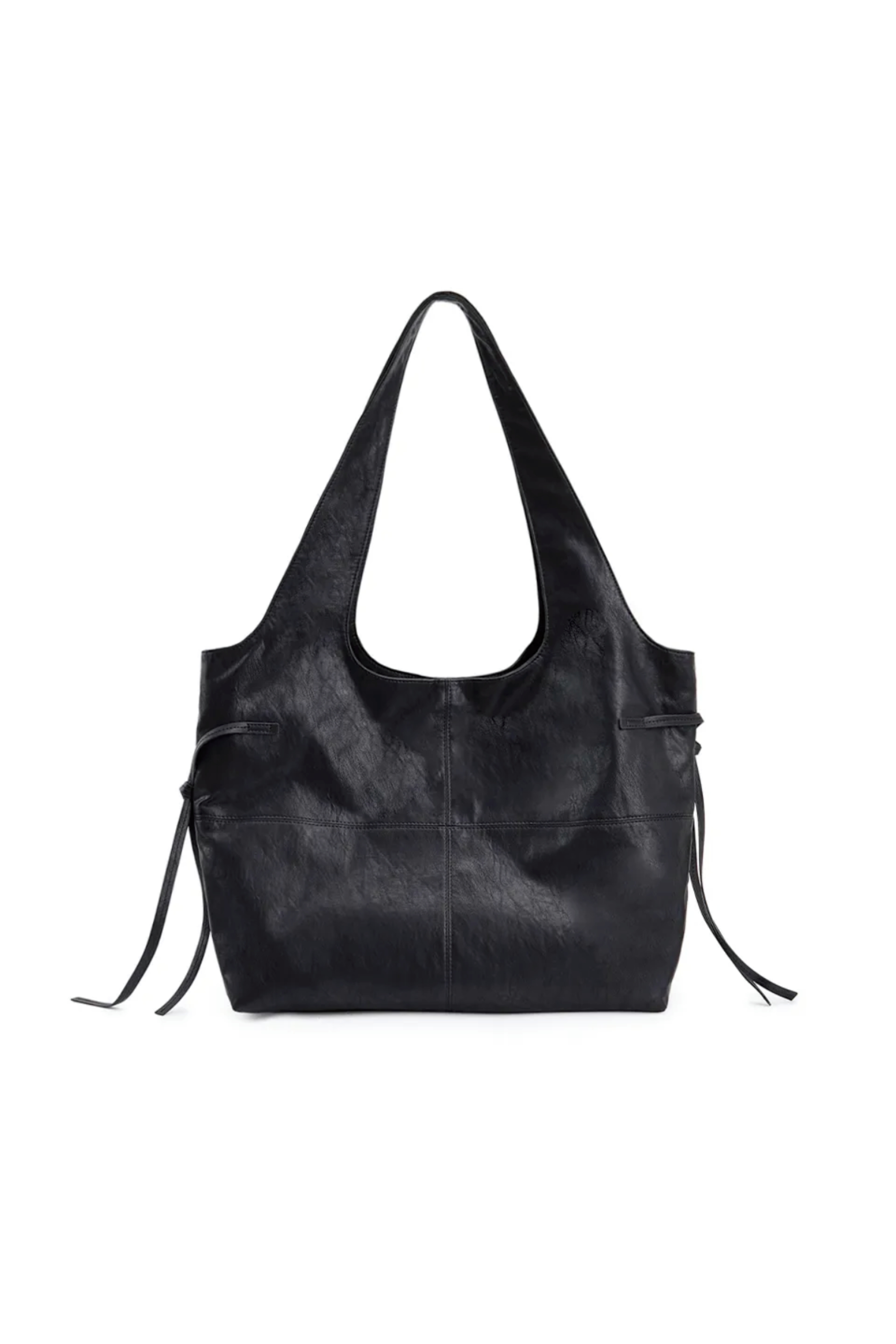 側繩設計大容量皮革肩背包 黑色