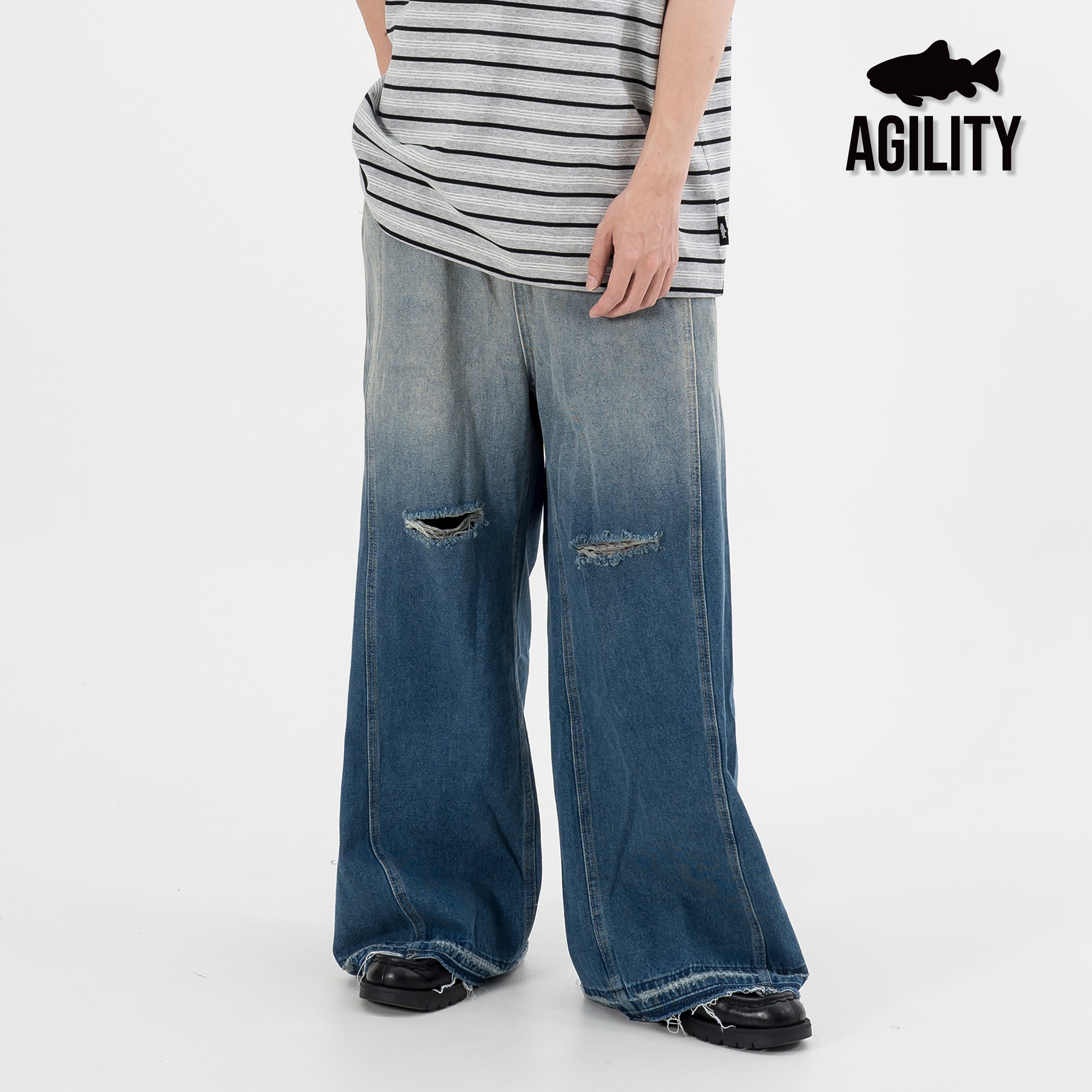 AGILITY Distressed Loose Jeans 破壞不修邊 漸層 闊腿 牛仔長褲 [LD85P]