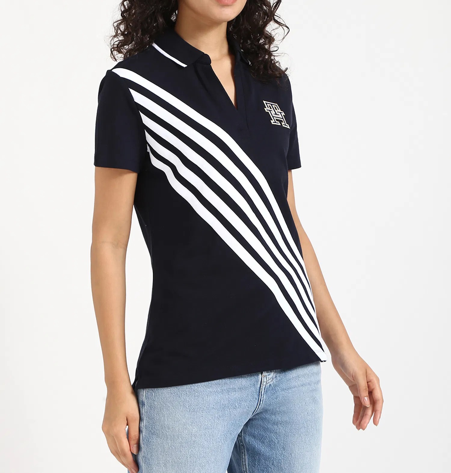 [S] TOMMY HILFIGER OPEN PLACKET BANNER STRETCH-COTTON POLO TEE LADIES,NAVY, 76J5406-410 (STH1004)