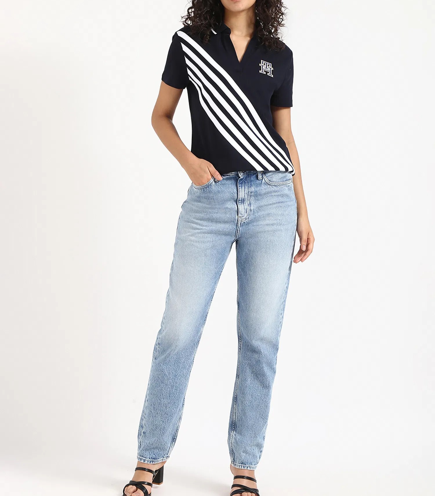 [S] TOMMY HILFIGER OPEN PLACKET BANNER STRETCH-COTTON POLO TEE LADIES,NAVY, 76J5406-410 (STH1004)