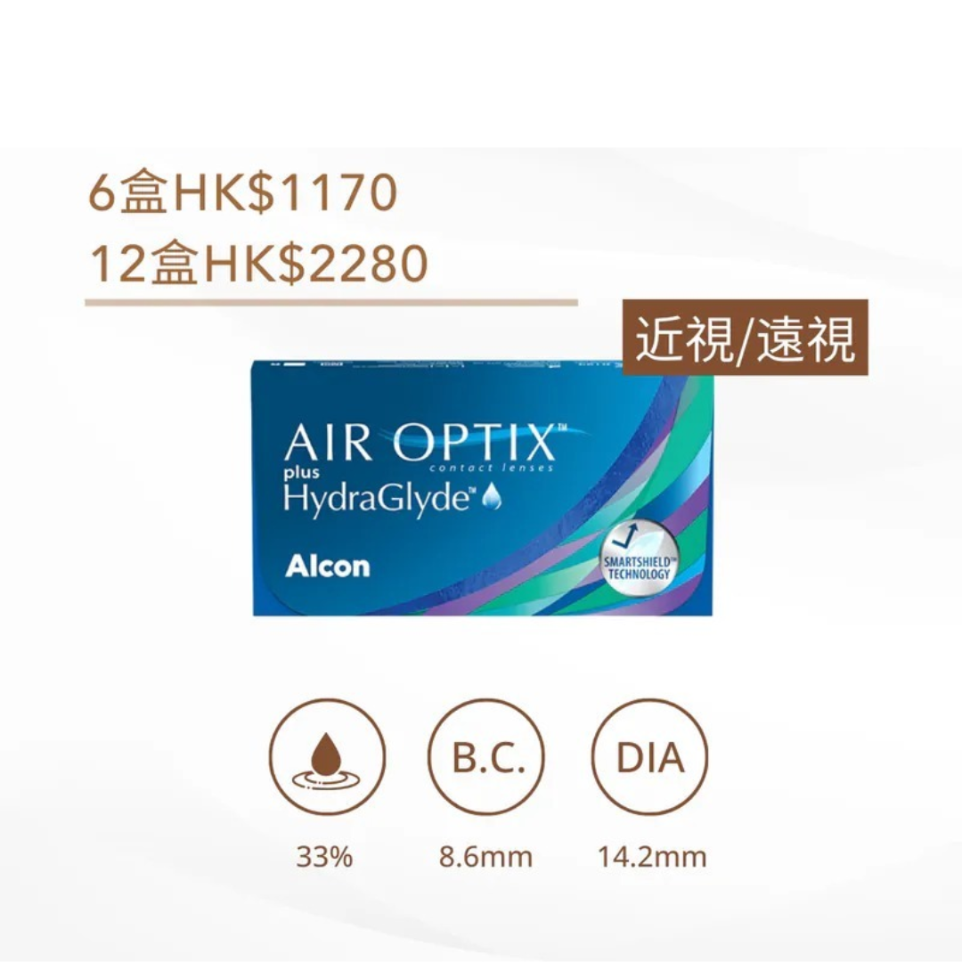 [月拋] Alcon Air Optix plus HydraGlyde｜月拋透明矽水凝膠隱形眼鏡｜每盒6片