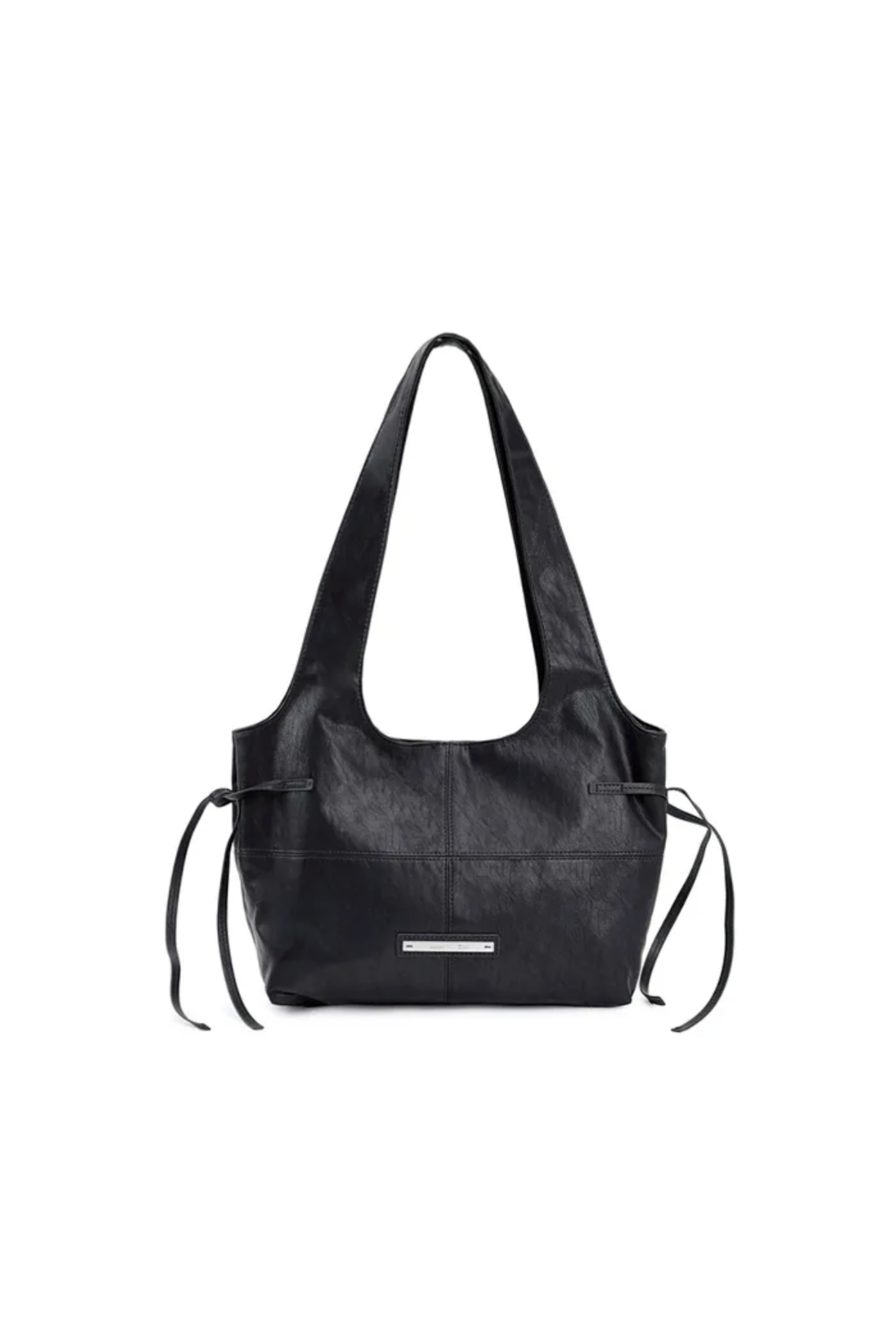 側繩設計皮革肩背包 黑色