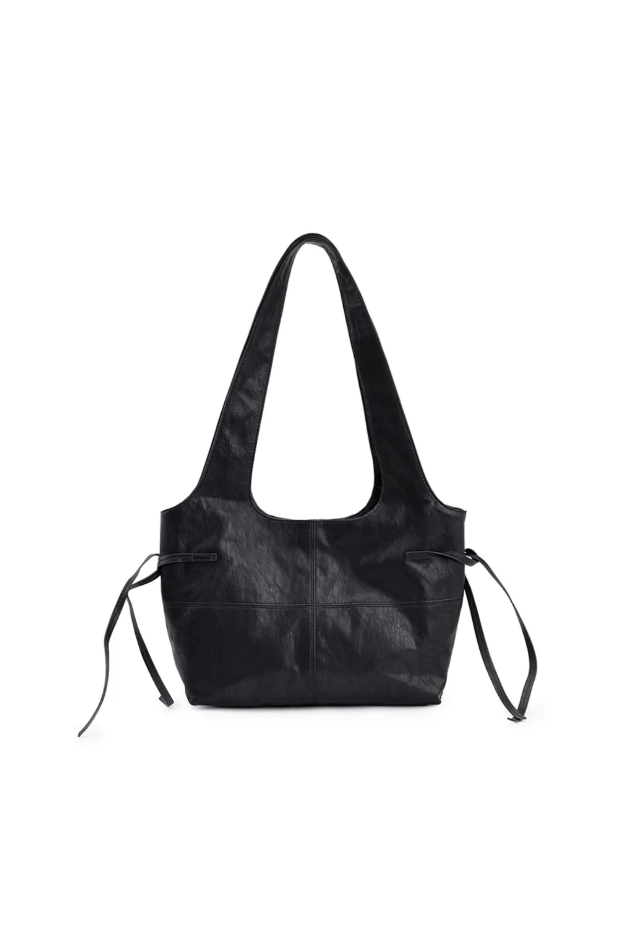 側繩設計皮革肩背包 黑色