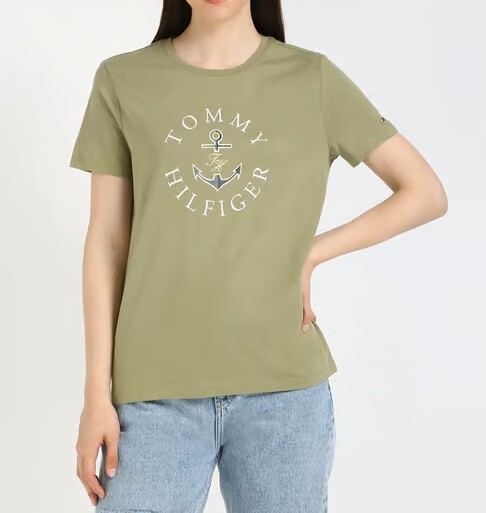 [S] TOMMY HILFIGER OLIVE GREEN TOMMY ANCHOR LOGO T-SHIRT, XW04336-301 (STH1093)