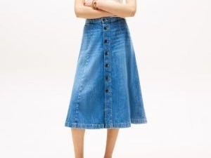 [S] TOMMY HILFIGER MEDIUM WASH HIGH RISE FLARED DENIM SKIRT, XW05135-900 (STH1366)
