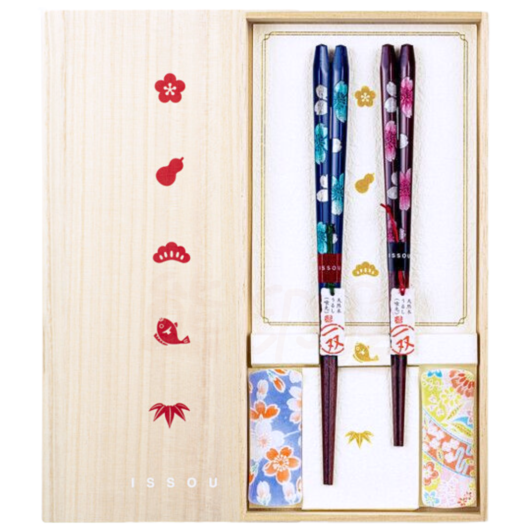 日本彩櫻花百福桐木禮盒情侶夫婦對筷附筷架 日本製