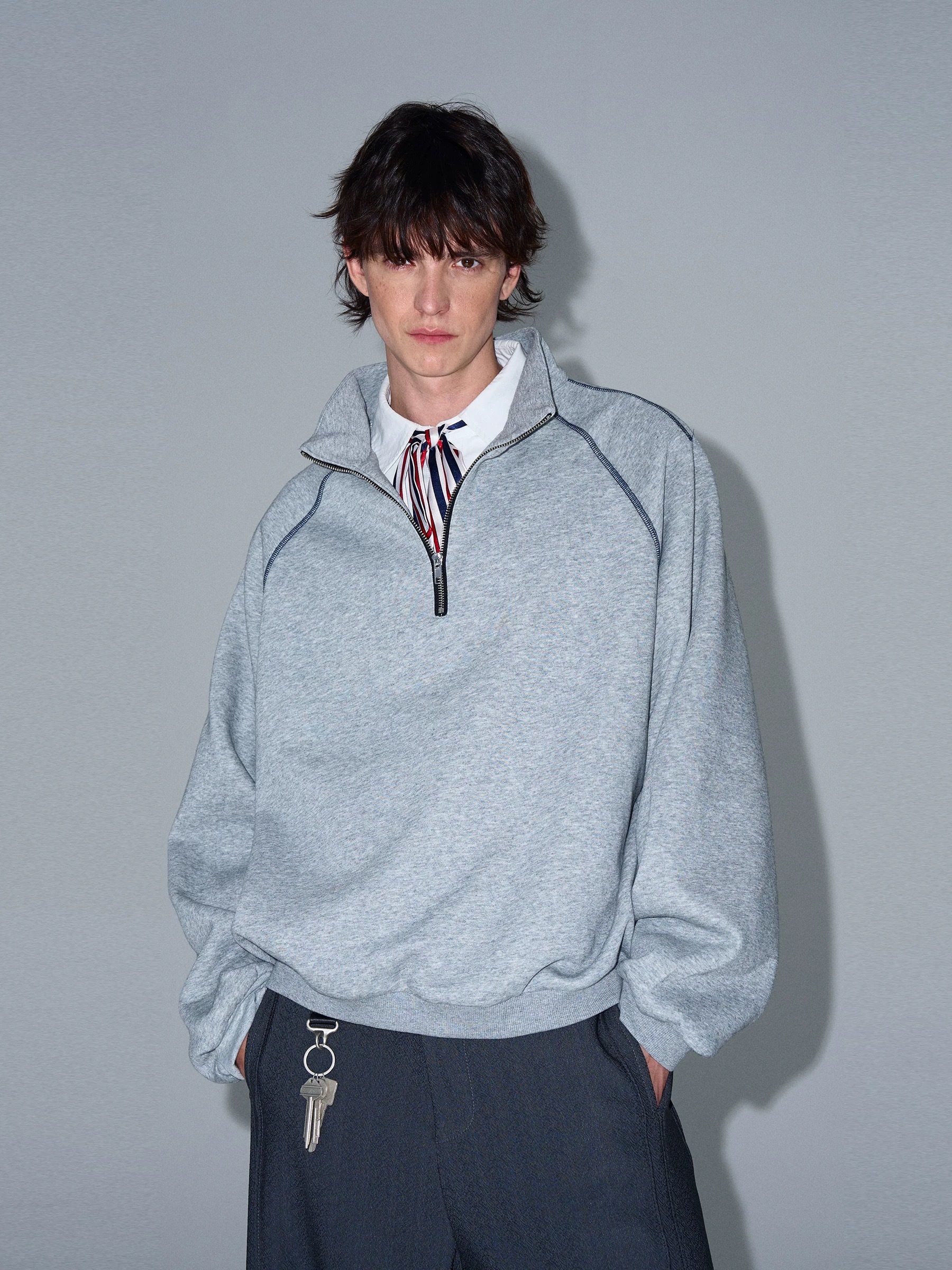 SIMPLEACTION 美式復古微高領拉鍊長袖上衣