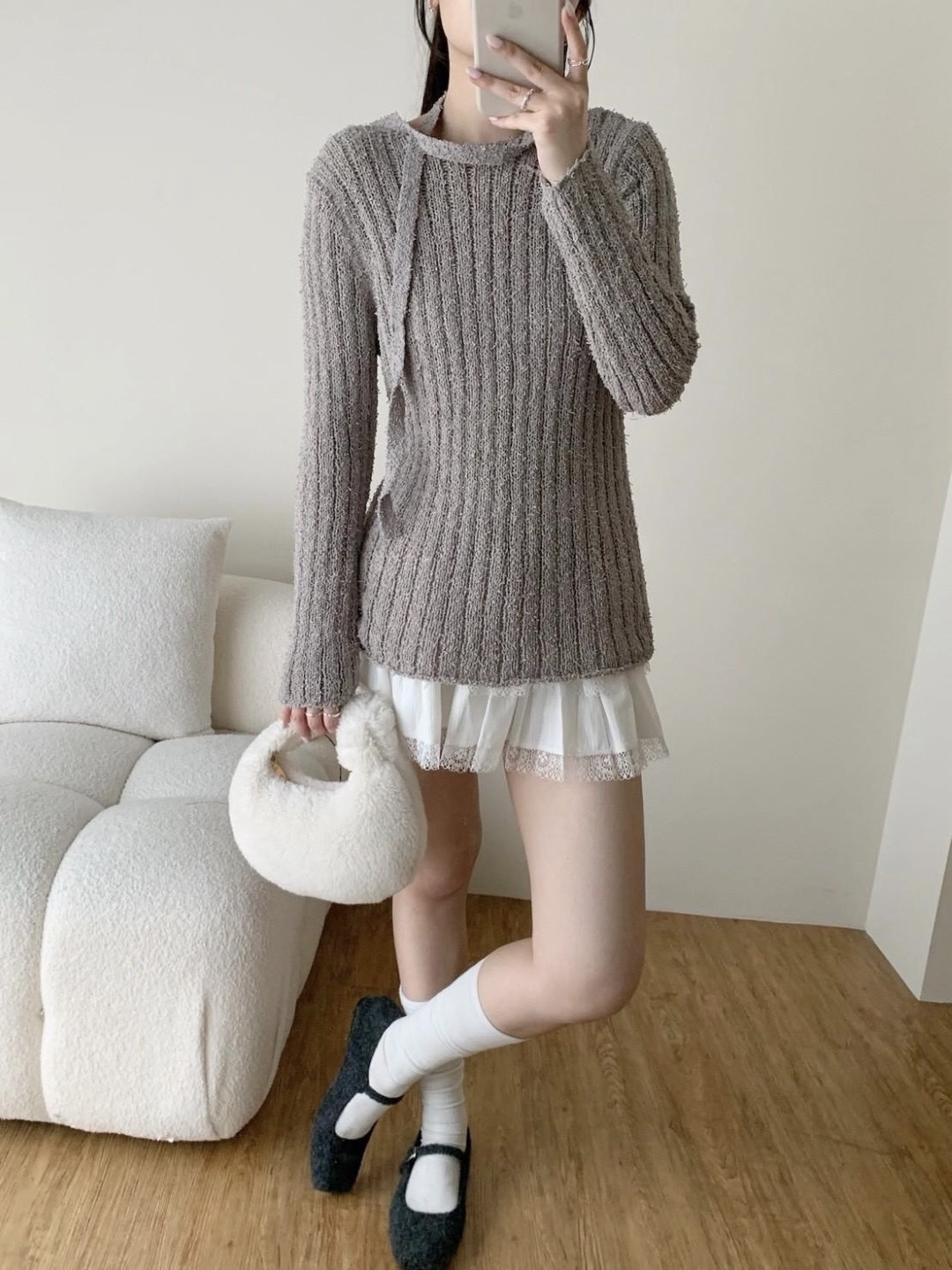 軟綿坑條針織長袖上衣