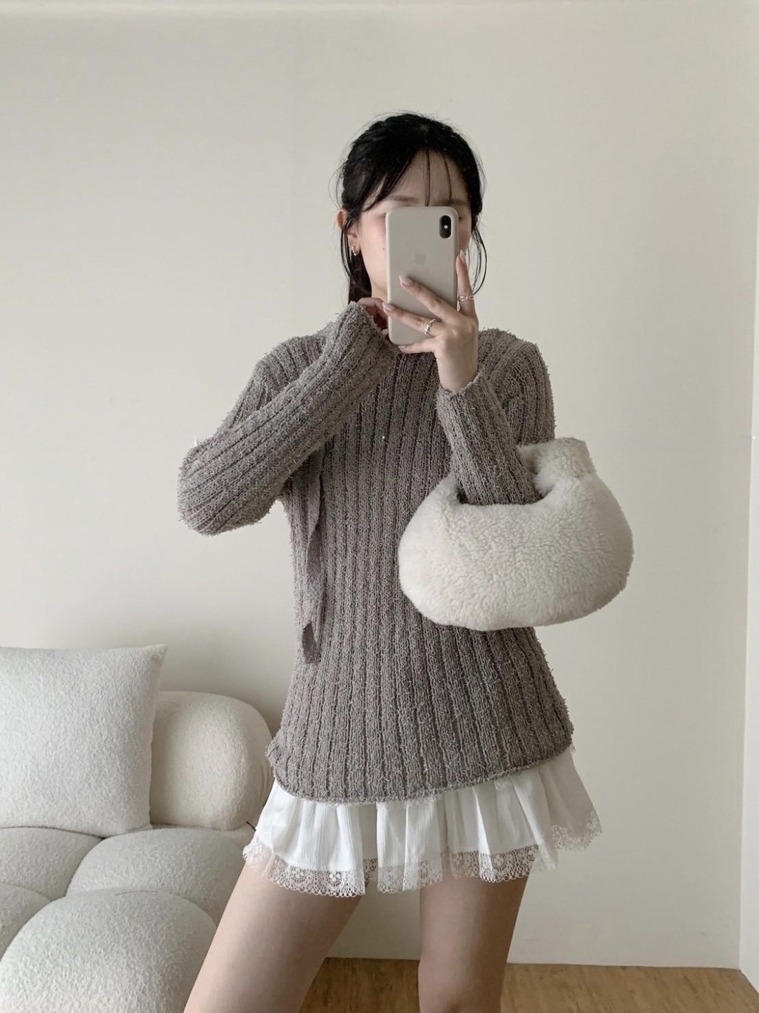 軟綿坑條針織長袖上衣