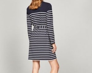 [S] TOMMY HILFIGER LONG SLEEVE BELTED STRIPE KNIT DRESS,NAVY, 76J5169-410 (STH919)