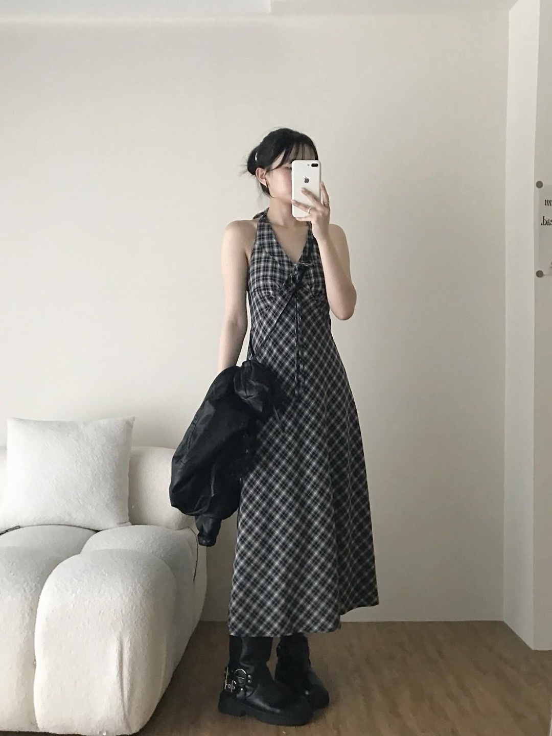 復古格紋繞脖長洋裝長洋裝